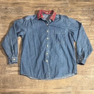 Vintage KZK Denim Shirt with Red Plaid Removeable Collar - Size S